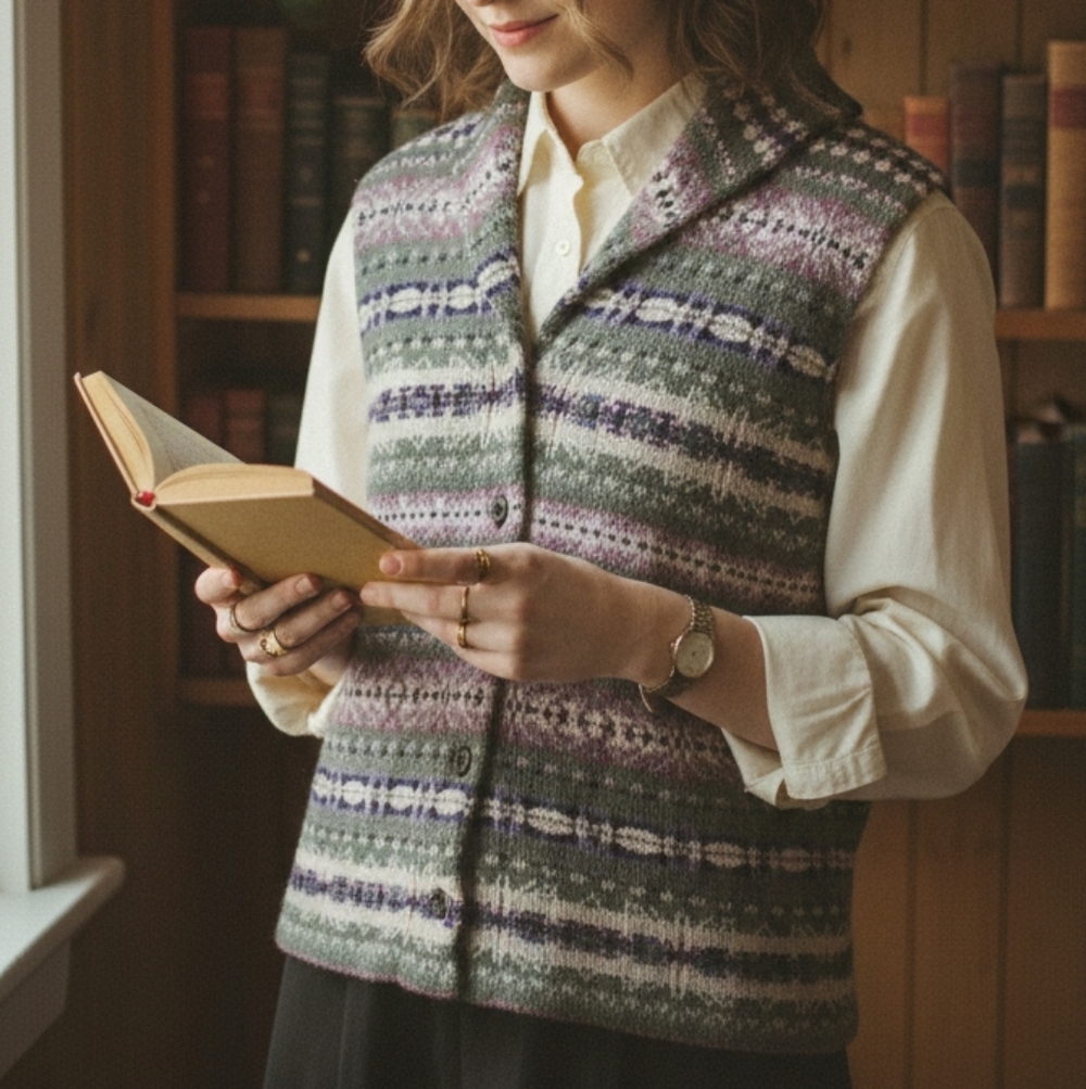 Vtg Chaps Fair Isle Knit Sweater Vest - Grandpa Core - Sage & Lavender - L